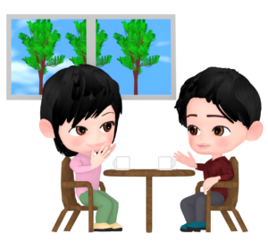 カフェで話す男性と女性のイラスト