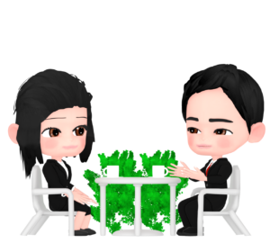 カフェで話す会社員の男女のイラスト