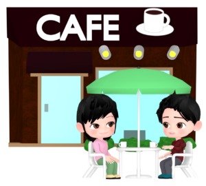 カフェのテラス席で話す男女のイラスト
