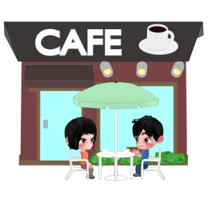 カフェのテラス席で話す男女のイラスト