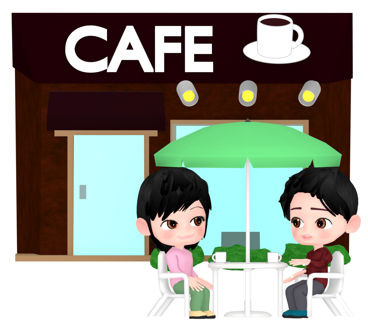 カフェのテラス席で話す男女のイラスト