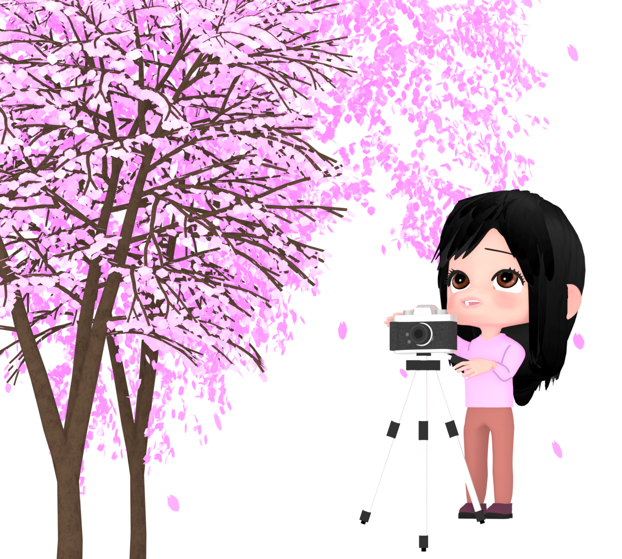 カメラで桜の木を撮る女性のイラスト