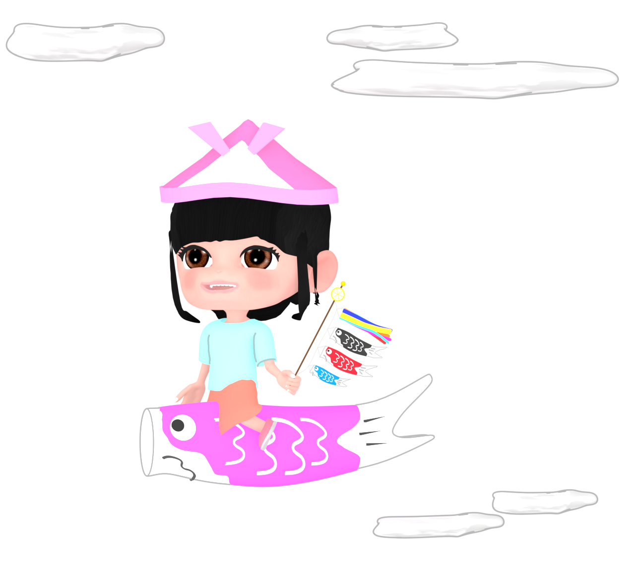 鯉のぼりと泳ぐ女の子のイラスト