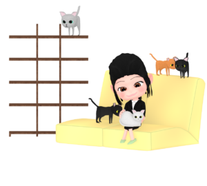 猫カフェでネコを膝に乗せている女性社員のイラスト