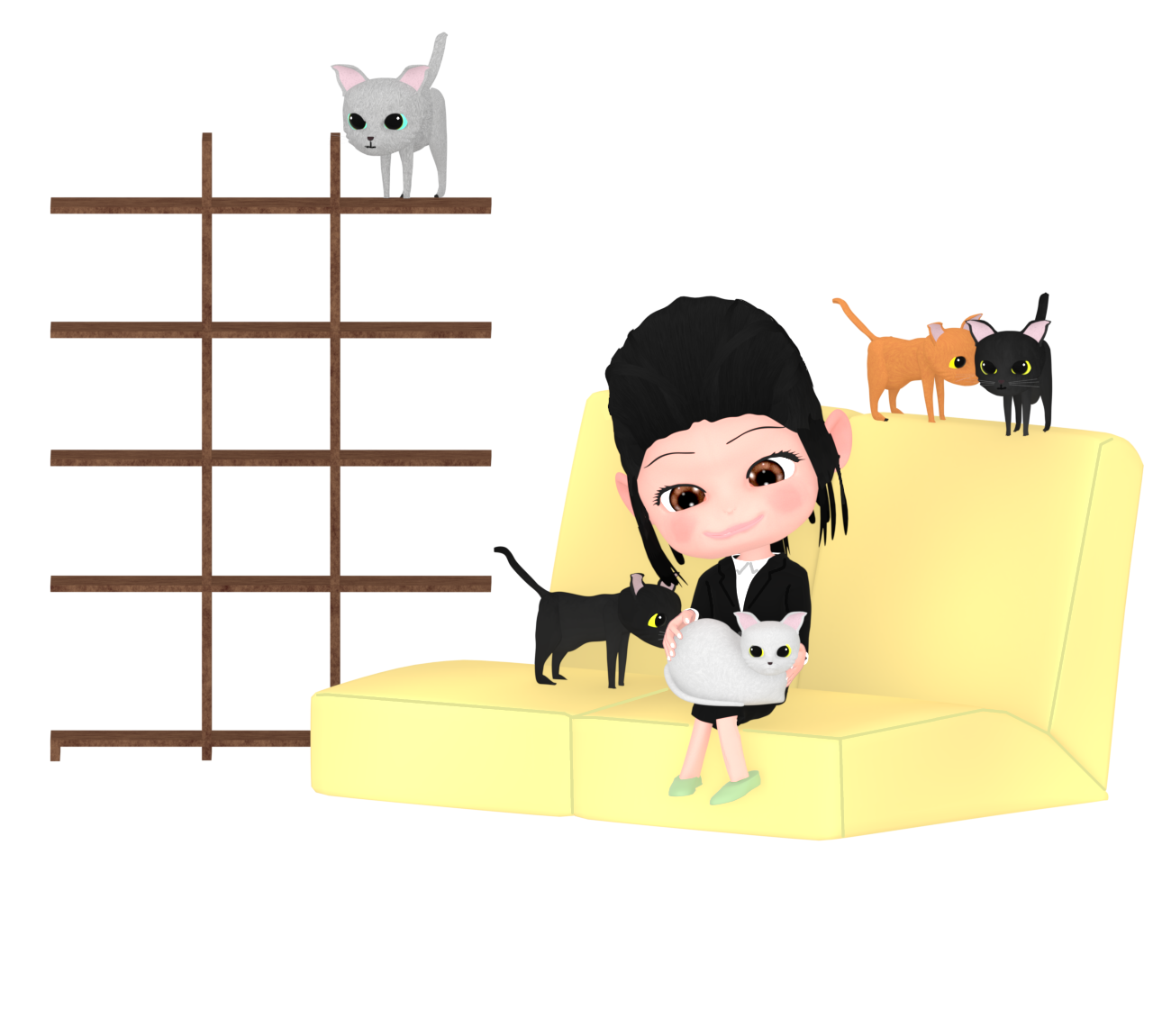 猫カフェでネコを膝に乗せている女性社員のイラスト