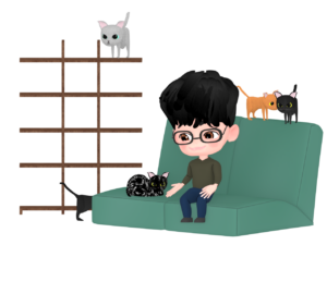 猫カフェでネコと遊ぶ男性のイラスト