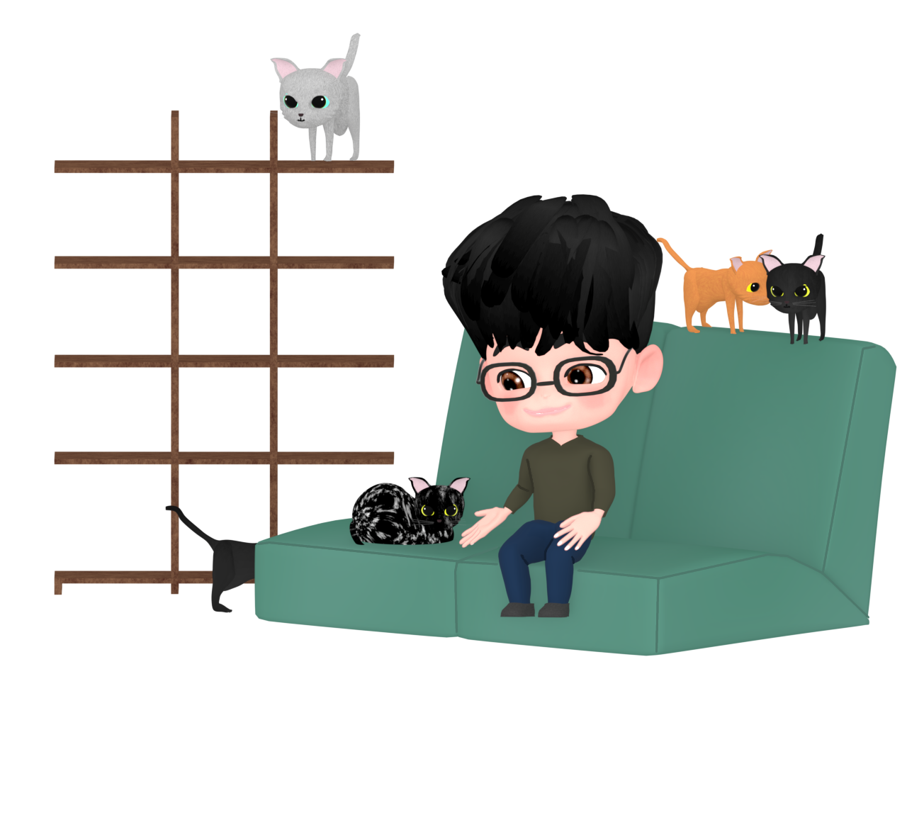 猫カフェでネコと遊ぶ男性のイラスト