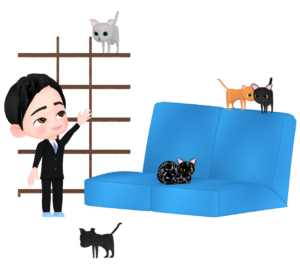猫カフェで遊ぶ男性サラリーマンのイラスト