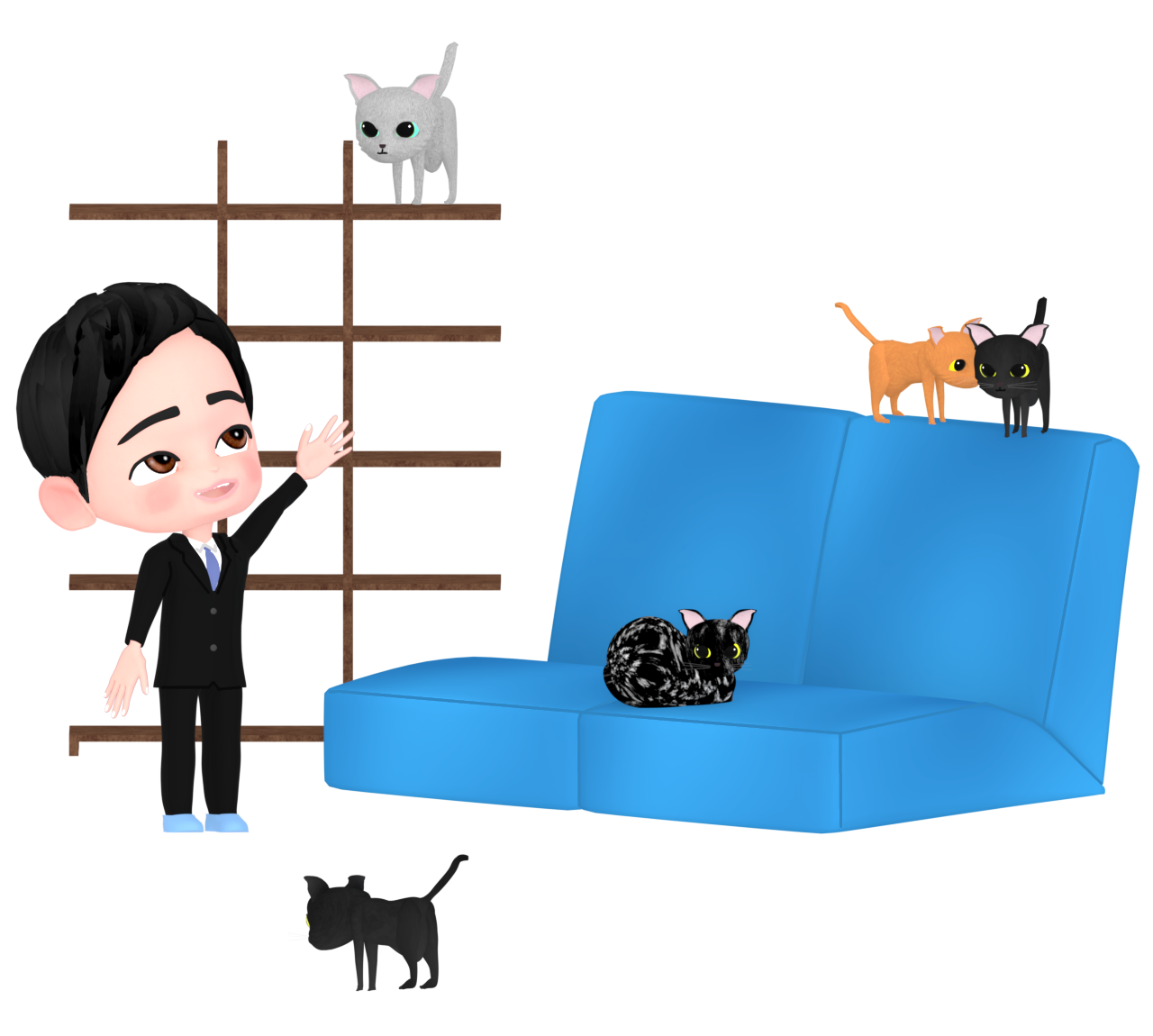 猫カフェで遊ぶ男性サラリーマンのイラスト