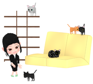 猫カフェで癒されるOLのイラスト