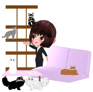 猫カフェで癒されるOLのイラスト