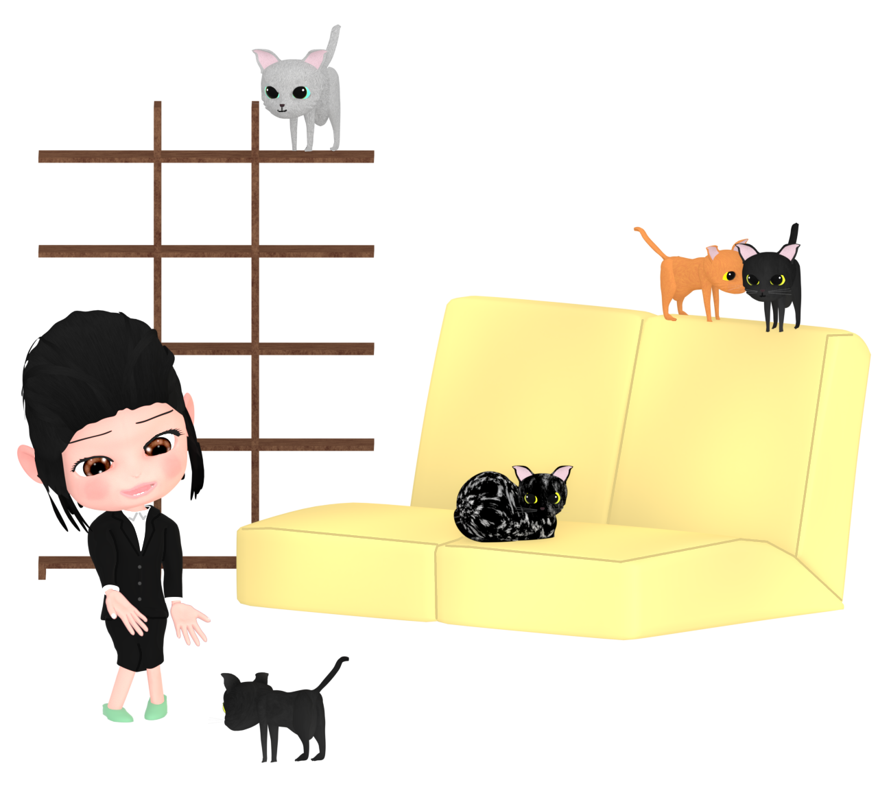 猫カフェで癒されるOLのイラスト