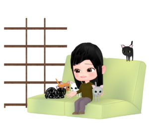 猫喫茶に癒される女性のイラスト