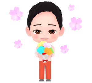お祝いの花束を渡す男の子のイラスト