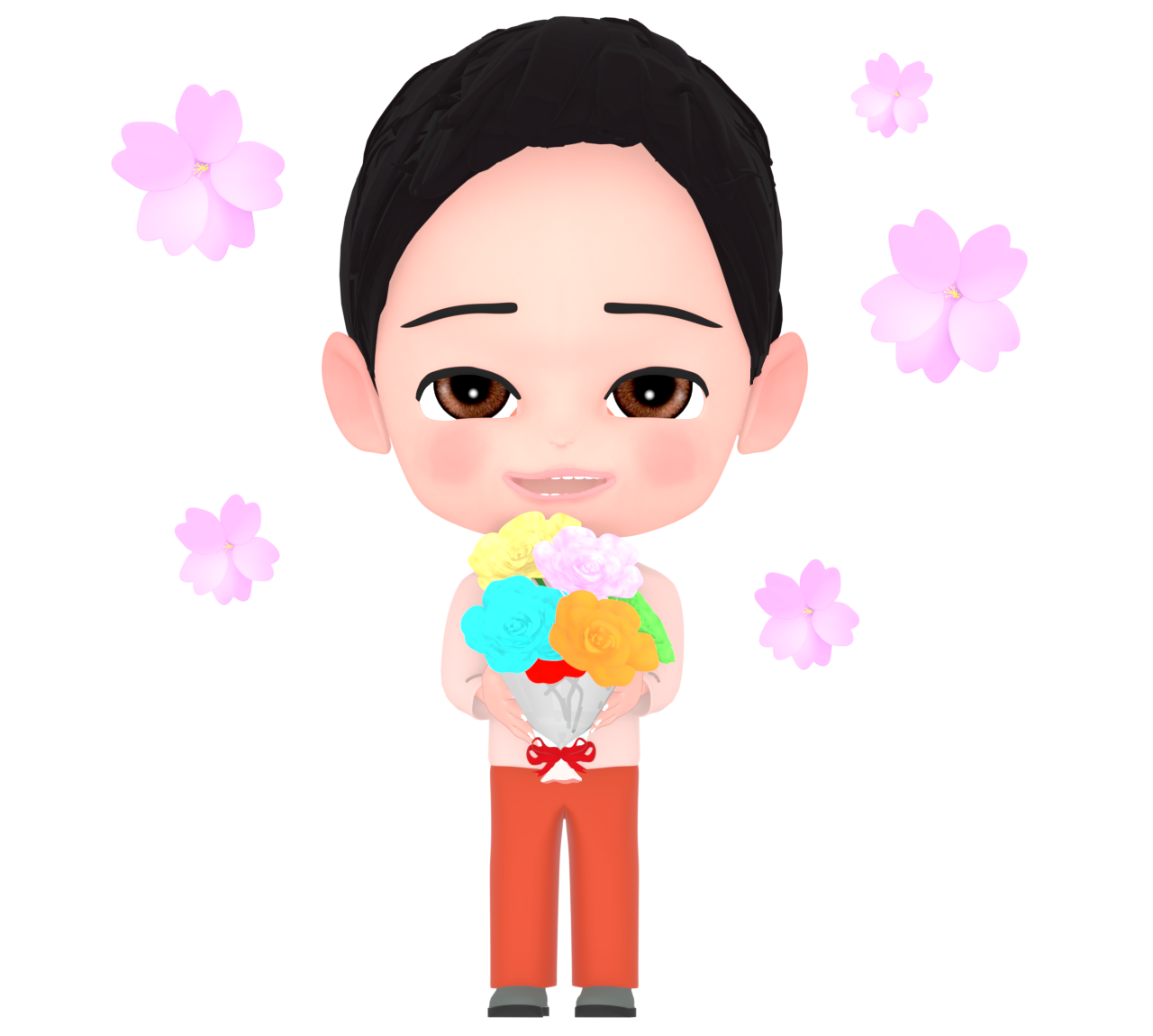お祝いの花束を渡す男の子のイラスト