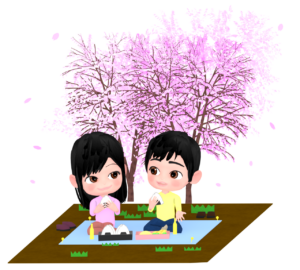 お花見をする夫婦のイラスト