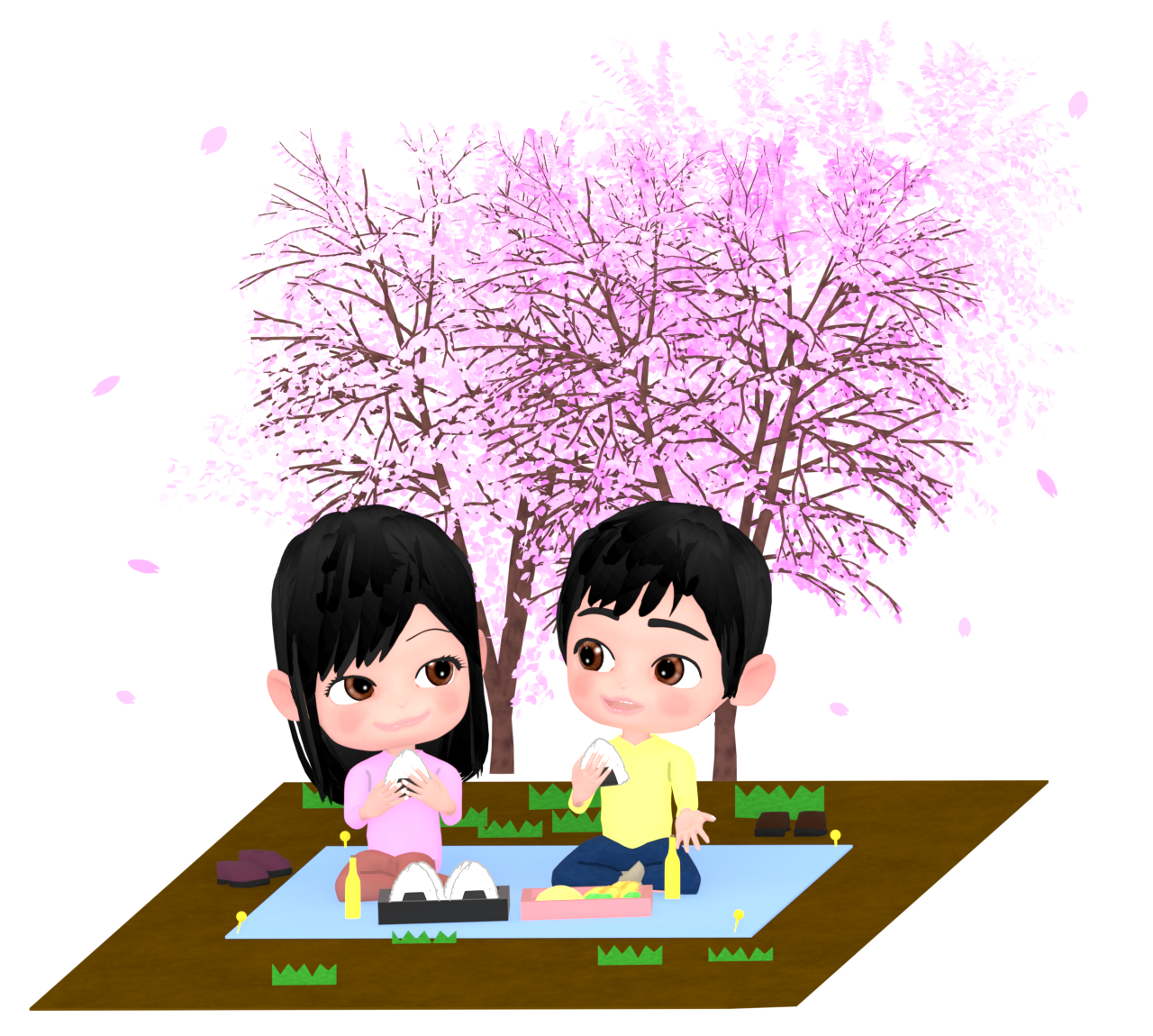 お花見をする夫婦のイラスト