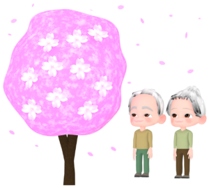 お花見をする高齢者のイラスト