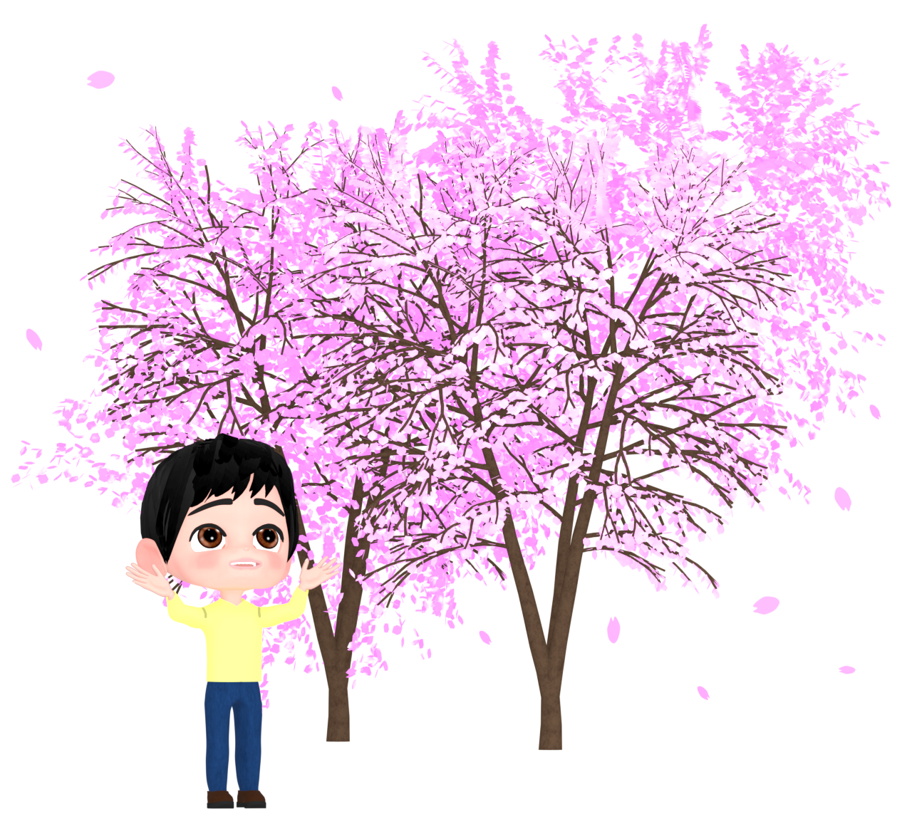 桜のお花見をする男性のイラスト