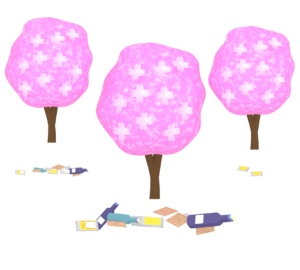 お花見で散乱したゴミのイラスト