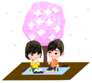 お花見をする恋人のイラスト