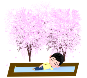 お花見の場所取りで寝る人のイラスト
