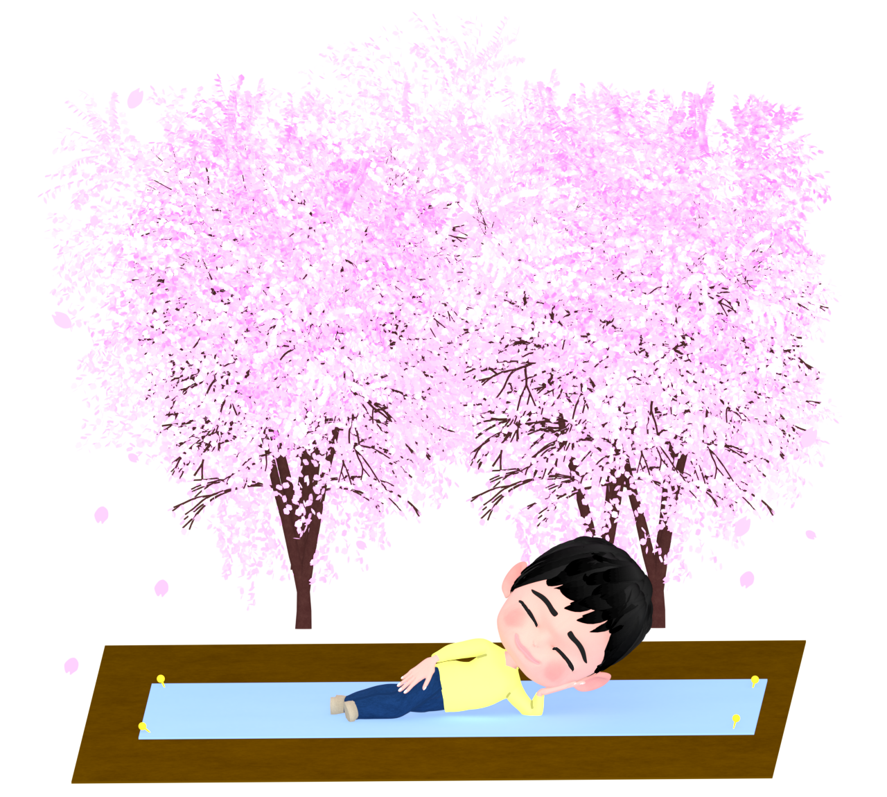 お花見の場所取りで寝る人のイラスト
