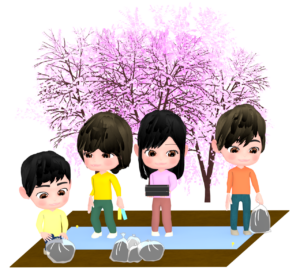 お花見でゴミを持ち帰る人のイラスト