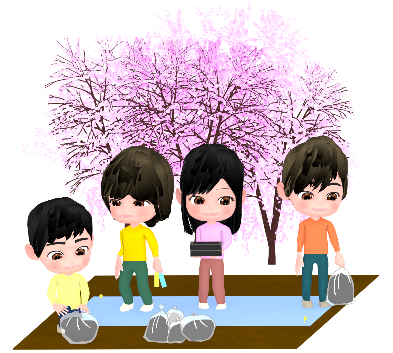お花見でゴミを持ち帰る人のイラスト