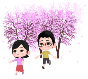 桜の下で追いかけっこをする子どものイラスト