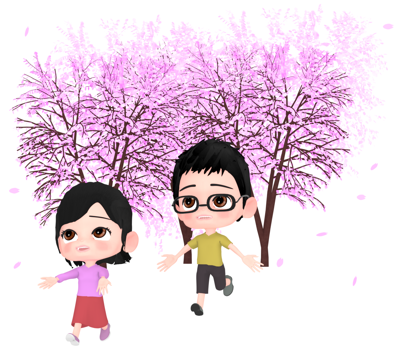 桜の下で追いかけっこをする子どものイラスト