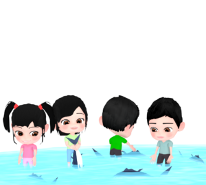 子供と魚のつかみ取りのイラスト