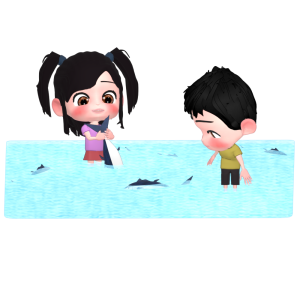 子供と魚のつかみ取りのイラスト