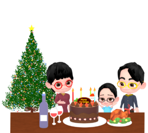 クリスマスパーティーをする家族のイラスト