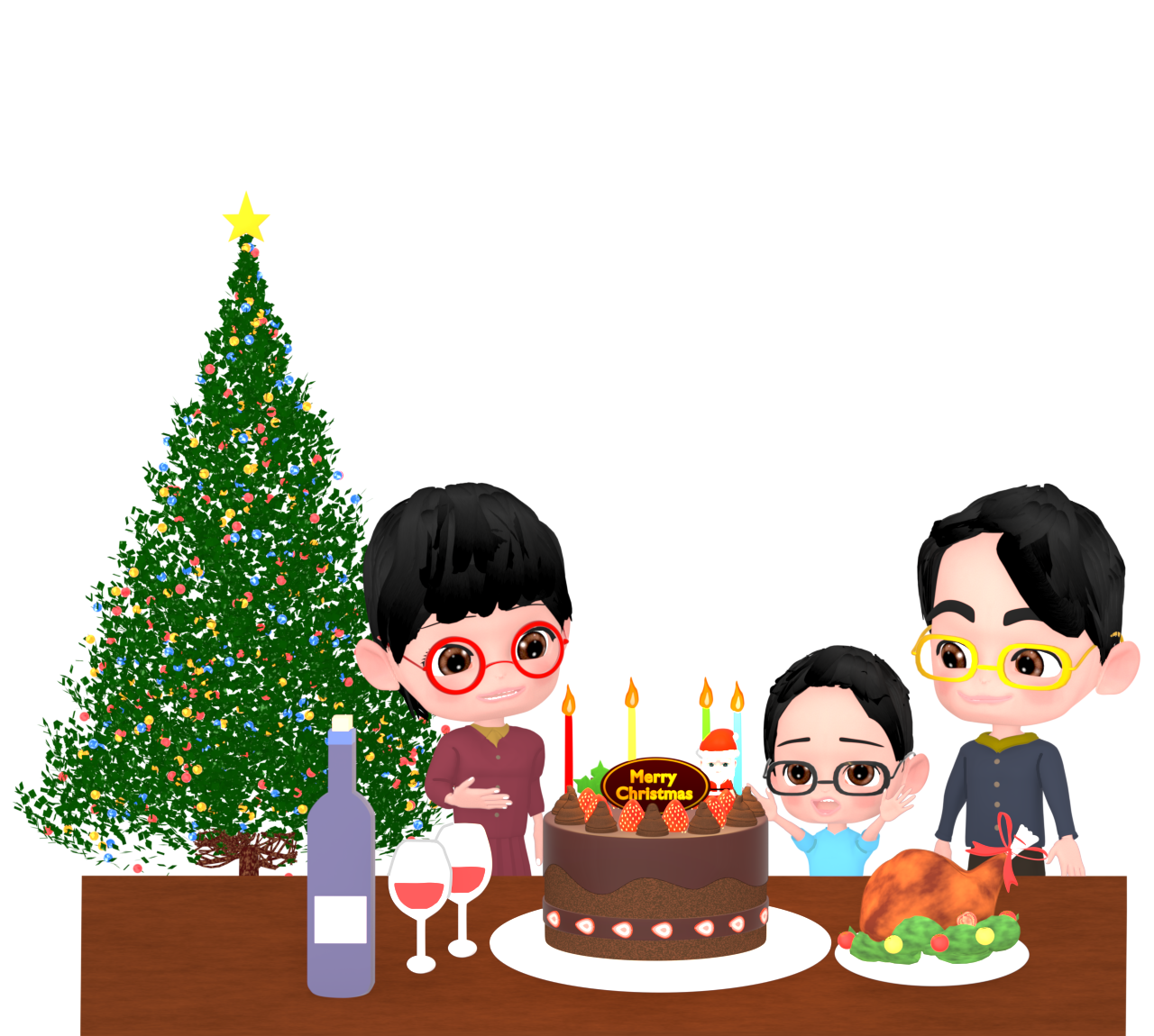 クリスマスパーティーをする家族のイラスト