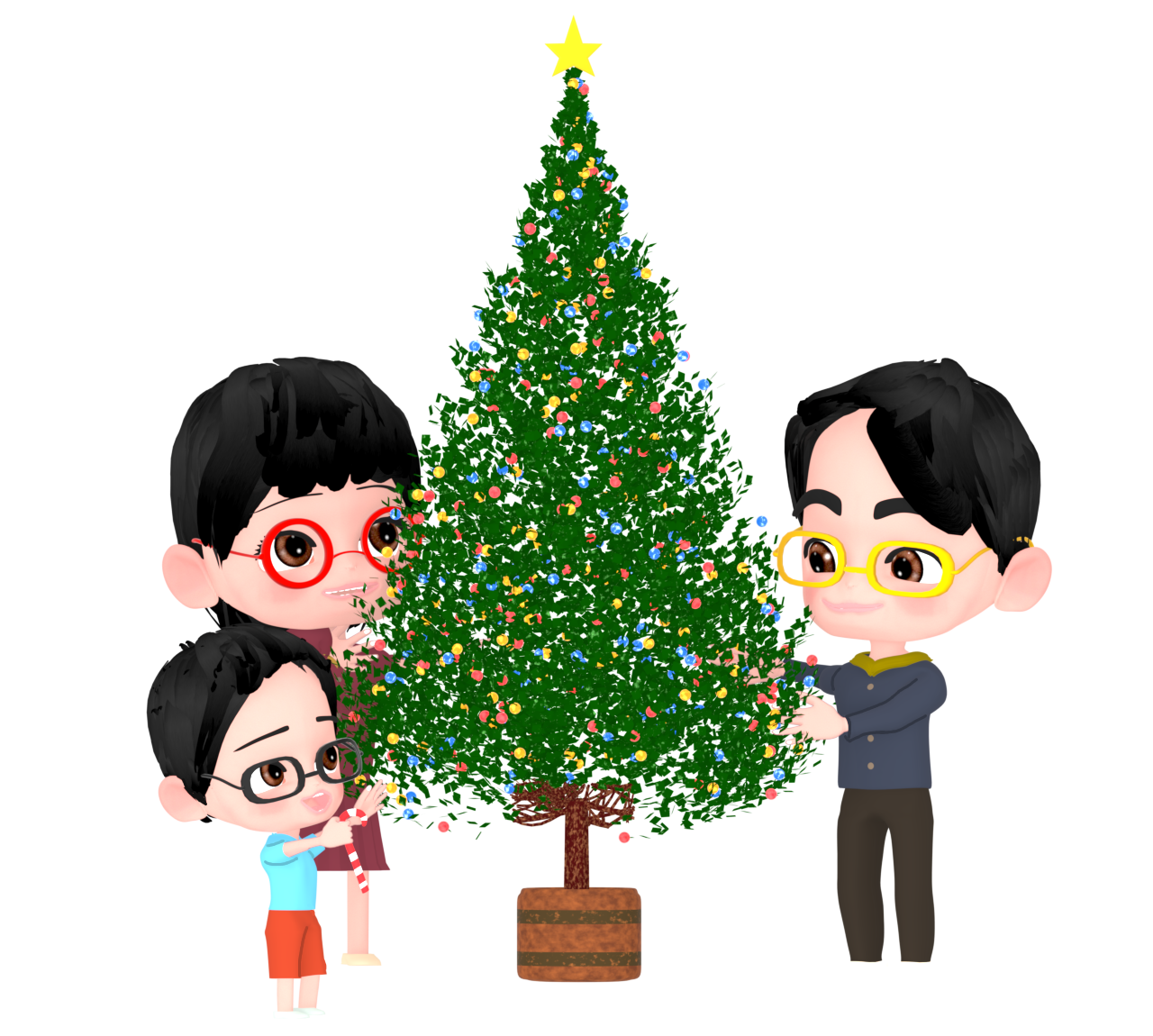 クリスマスツリーの飾りをつける家族のイラスト