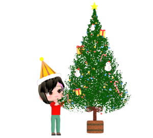 クリスマスツリーの飾り付けをする女性のイラスト