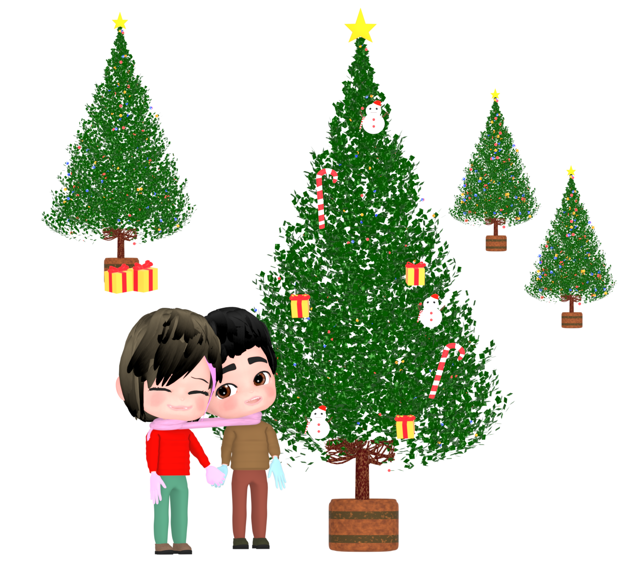 クリスマスツリーを眺める恋人のイラスト