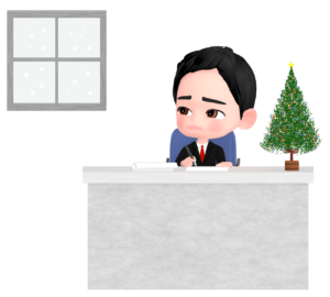 クリスマスに寂しそうな顔で窓を見つめるサラリーマンのイラスト