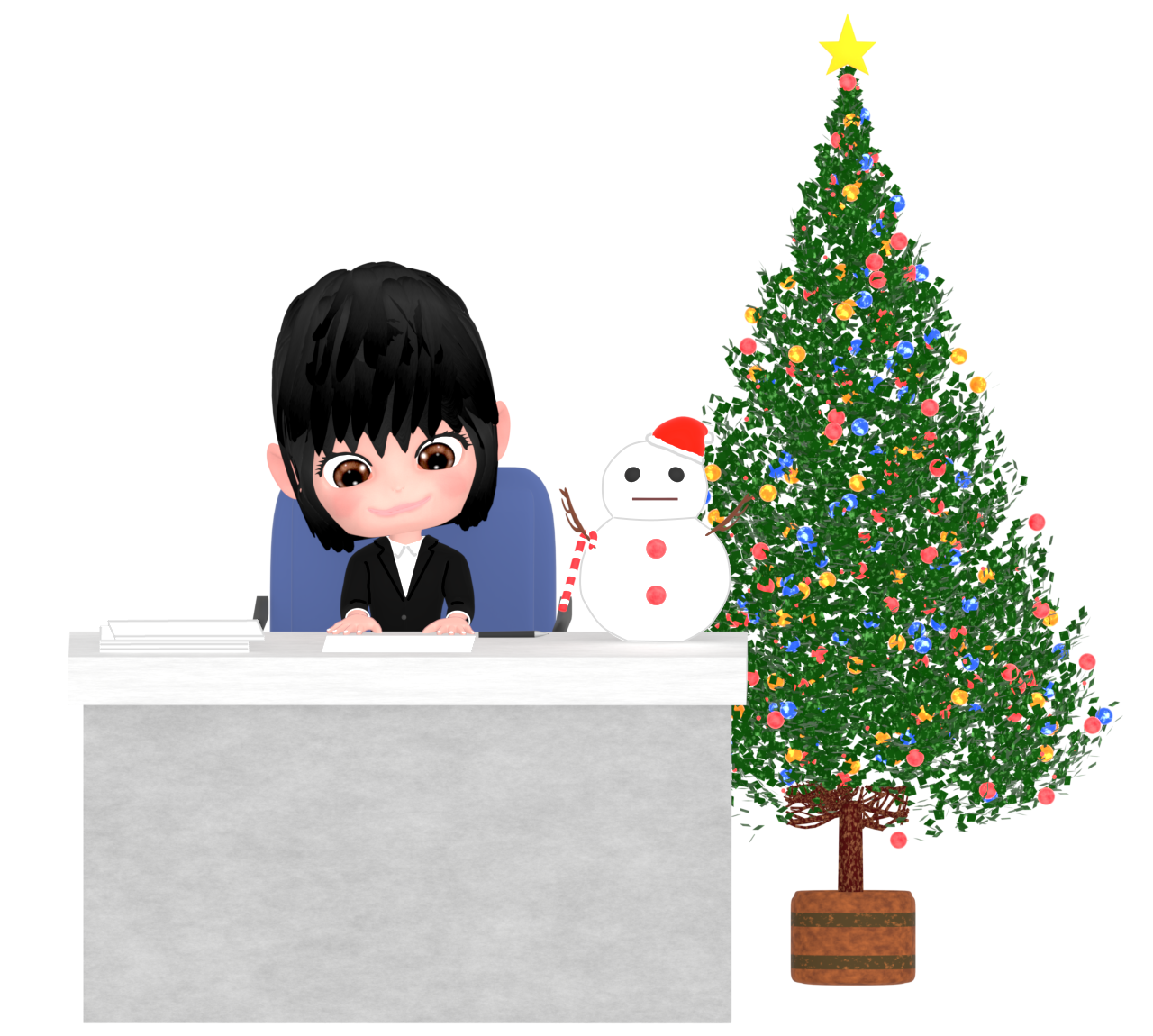 クリスマスに仕事をする女性社員のイラスト