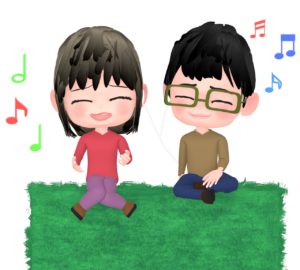 目を閉じて音楽を聴くカップルのイラスト