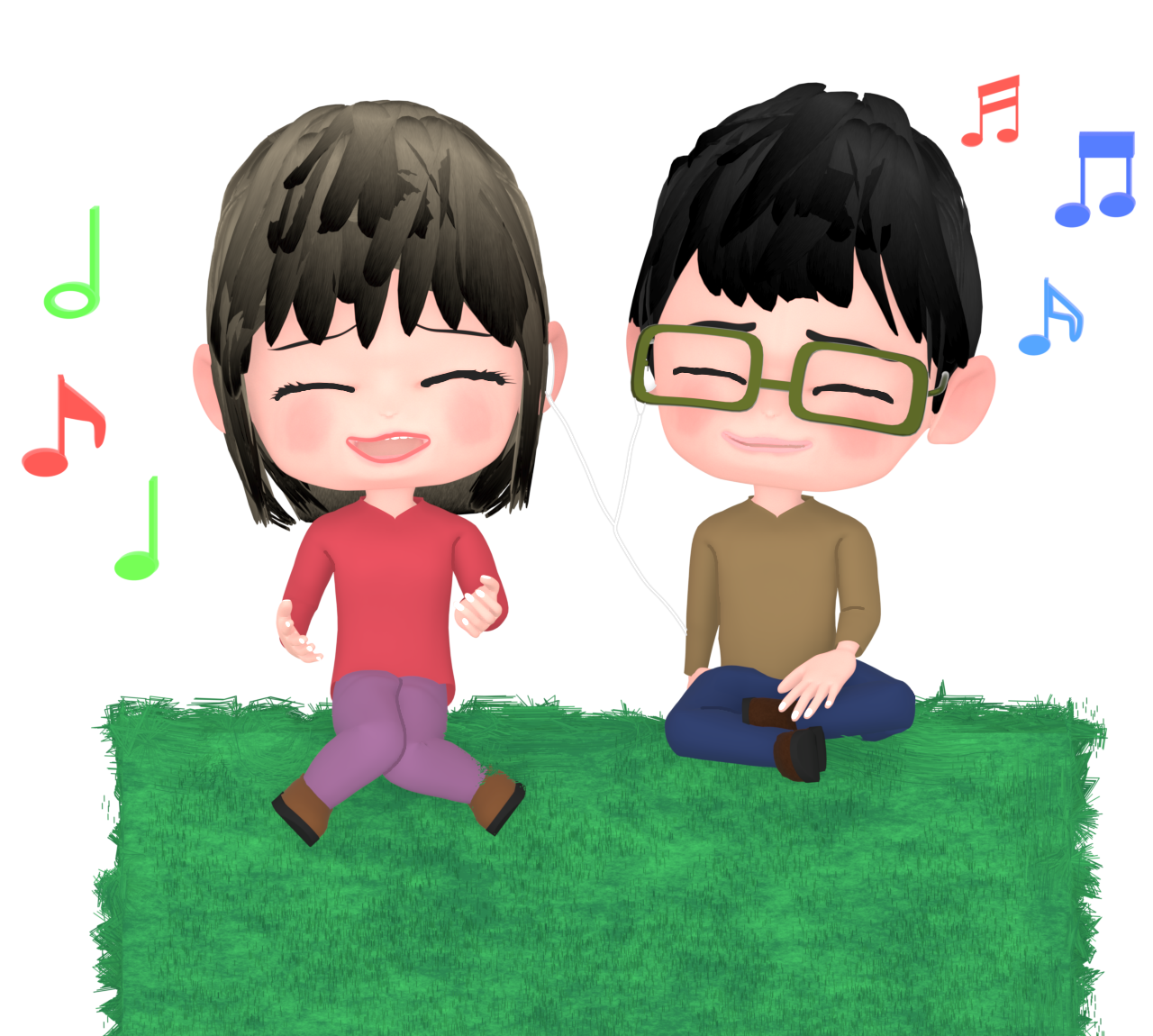 目を閉じて音楽を聴くカップルのイラスト