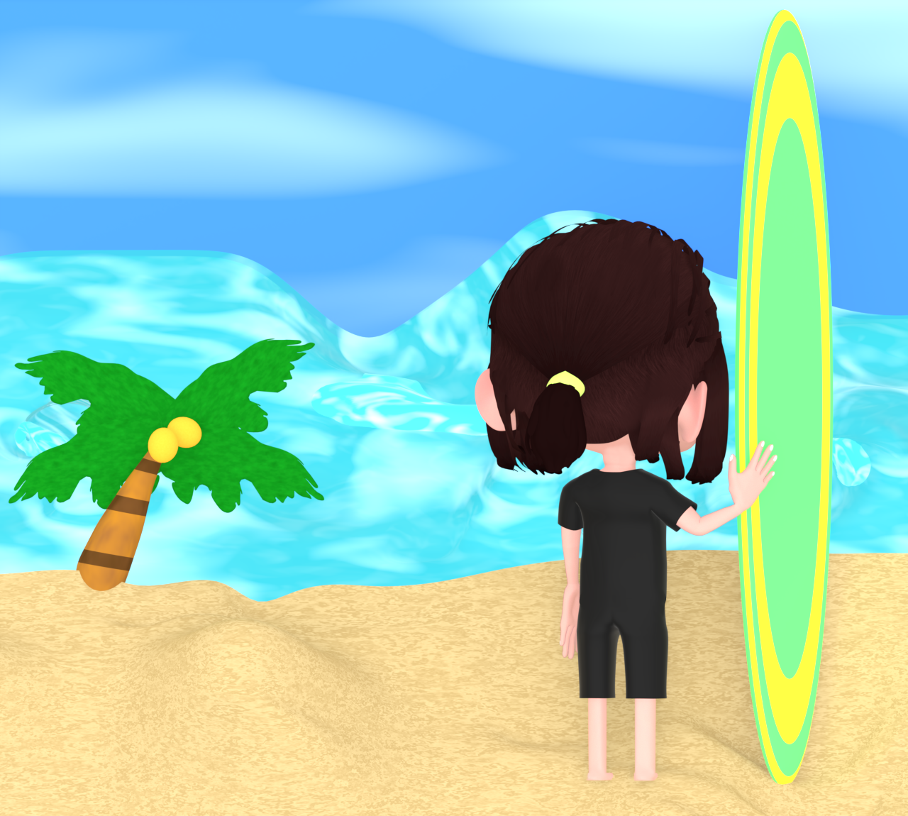 椰子の木があるビーチとサーファーのイラスト