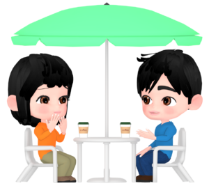喫茶店のテラス席で会話をする男女のイラスト