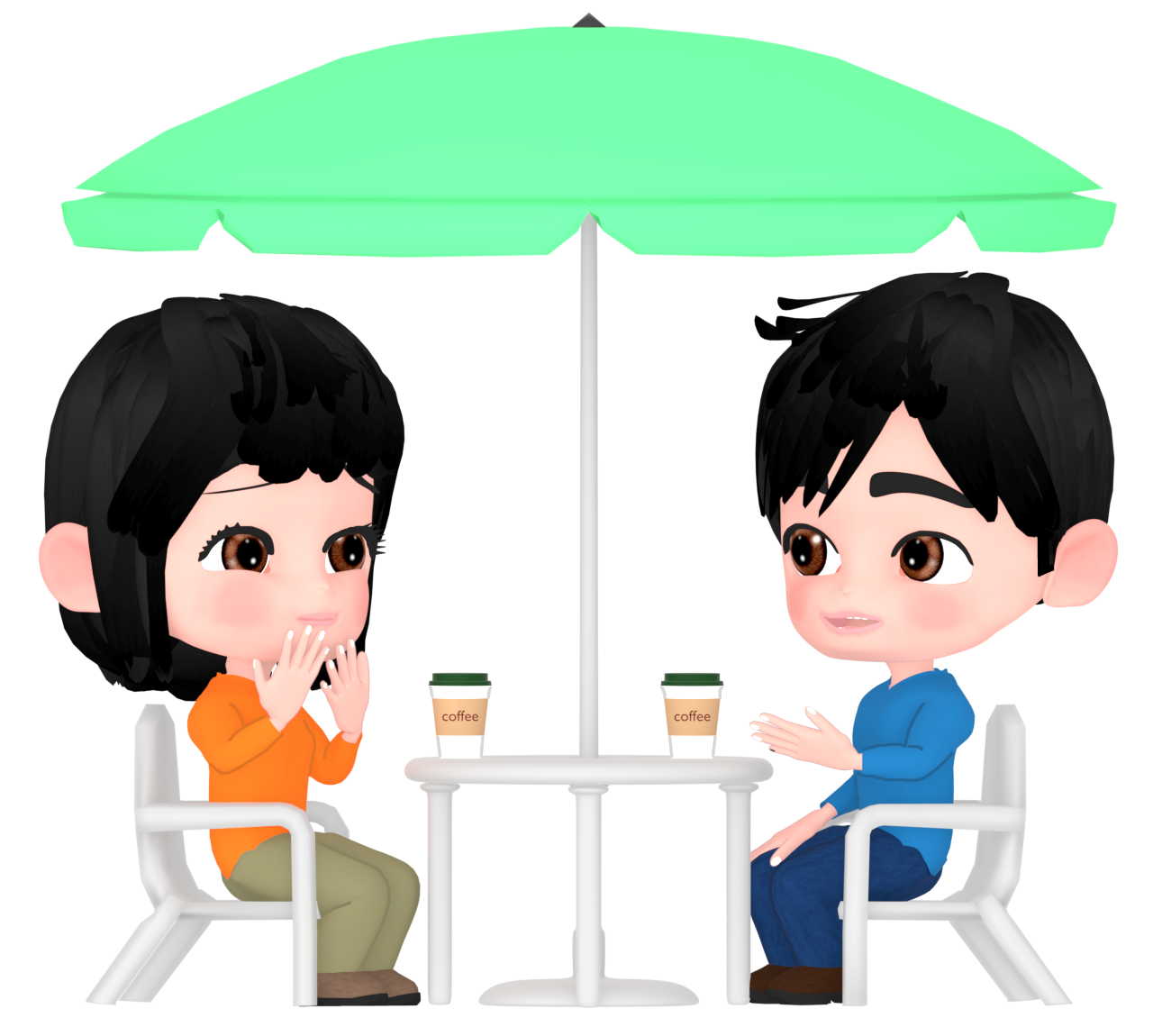 喫茶店のテラス席で会話をする男女のイラスト