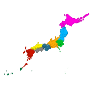 地方で色分けした立体の日本地図のイラスト