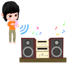 コンポにスマホで音を飛ばす女性のイラスト