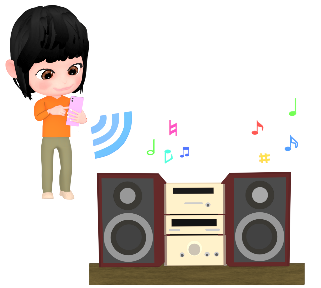 コンポにスマホで音を飛ばす女性のイラスト 9 コンポにスマホで音を飛ばす女性のイラスト