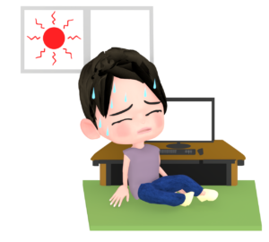 パソコンの前で熱中症になる男性のイラスト