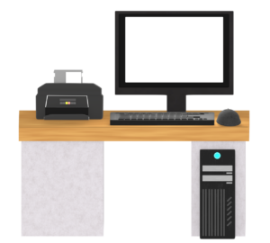 机の上のパソコンとプリンターのイラスト